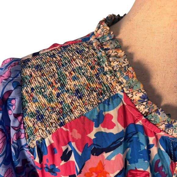 Umgee Size 1XL Dress Boho Blue Pink Floral Peasant Split Neck Rayon - Picture 4 of 8